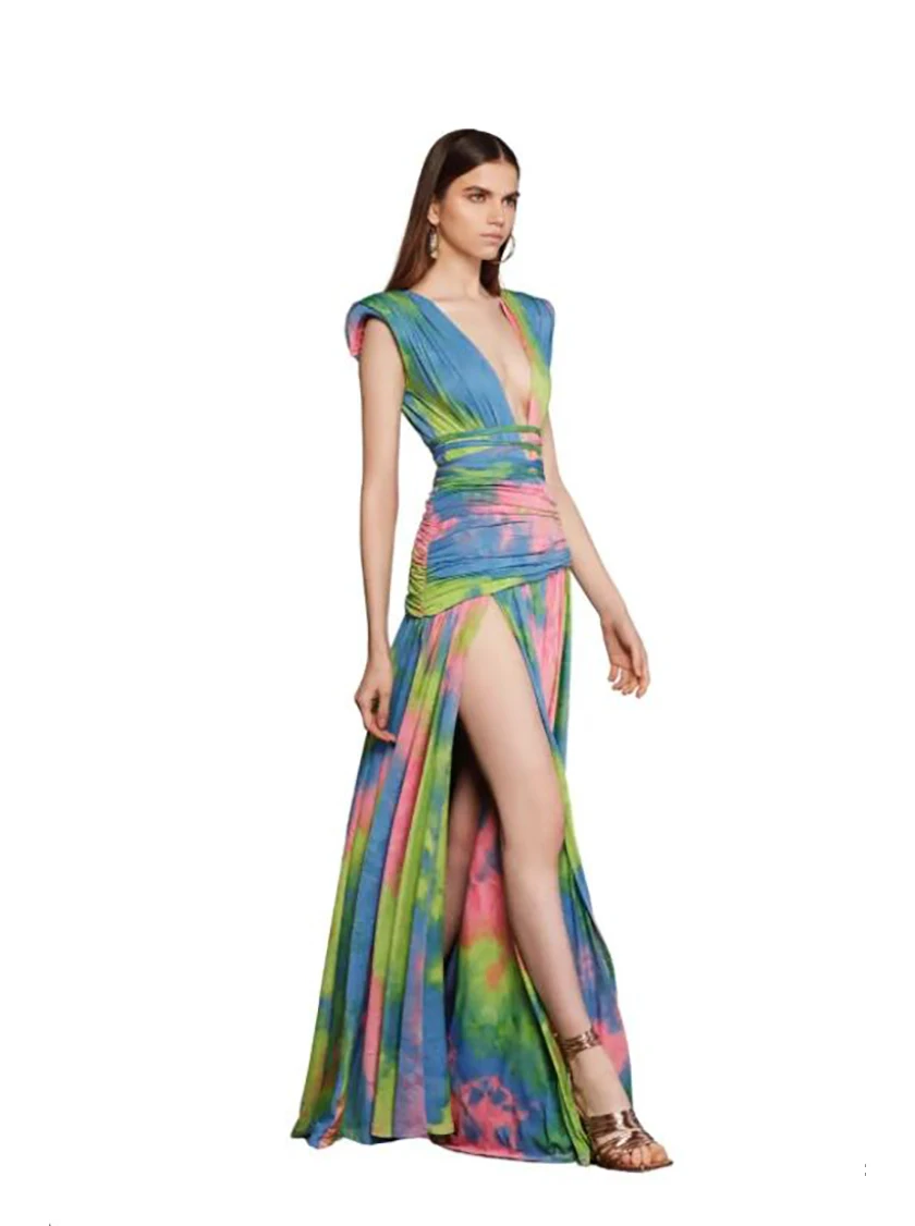 

Women's Tie Dye Long Dress, Sexy Sleeveless Folds Waist Dress, Lace-up Split, Deep V Neck, Elegant Party Evening Dresses, Summer