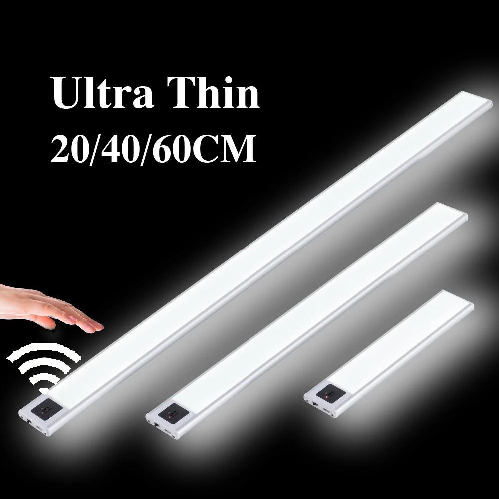 Ultra-thin 20/40/60CM LED Kitchen Light Hand Sweep Sensor Under Cabinet Lighting USB Aluminum Closet Wardrobe Led Night |