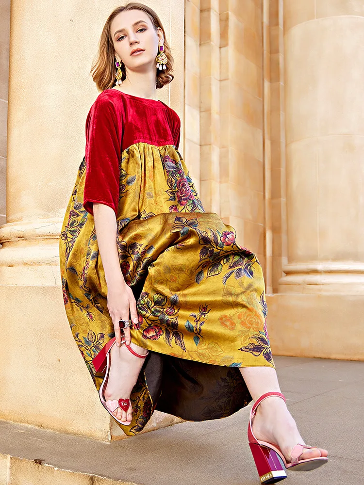 

Women's Silk Floral Printed Office Formal Casual Dresses Plus Large Size Spring Summer Sexy Wine Godlen Match Flower Loose