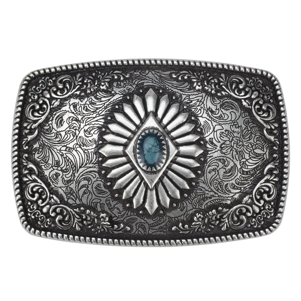 Silvering Western Retro Belt Buckle with Palace Patterns and Gemstone Eagle Design