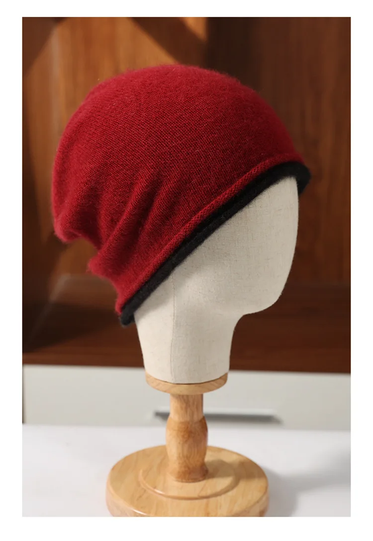 Winter Hat Regardless of Gender 100% Merino Wool Knitted 2024 New Women's Soft Warm Bean Hat Fashion Outdoor Curly-brimmed Hat