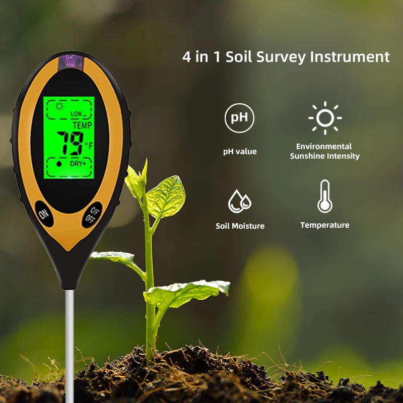 Soil PH Meter Tester Soil Tester PH Moisture meter Temperature Sunlight Intensity measurement Analysis Soil Acidity Test 4 in 1