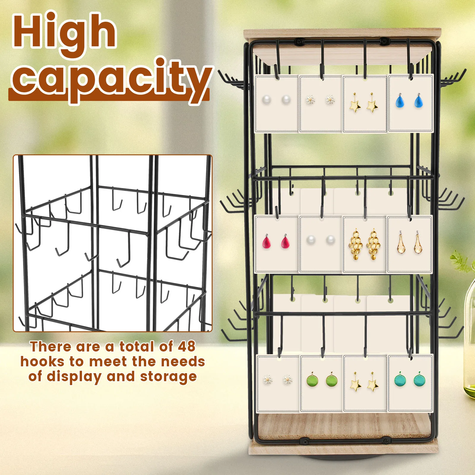 3-Tiers 48 Holes Earring Display Holder 360 Degree Rotatable Earring Selling Stand Jewelry Storage Organizer Wood Base Stand 4