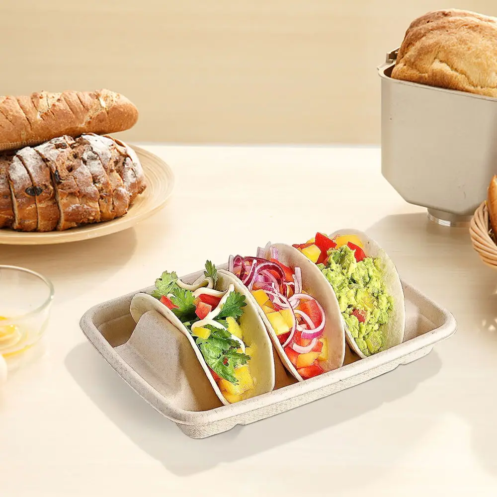 20pcs Disposable Taco Tray With 4 Compartments Sugarcane Pulp