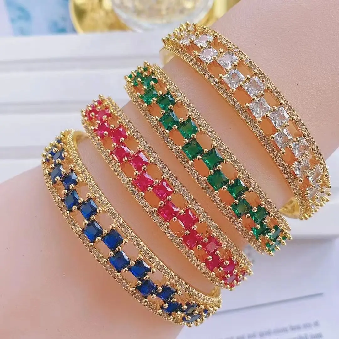 

3PCS, Luxury Zircon Gold Cuff Bangles For Women Girls Elegant CZ Geometric Shape Bangles Bracelet Colorful Summer Jewelry
