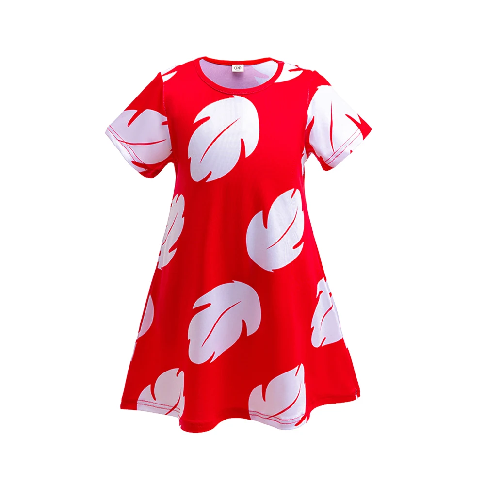 Lilo-Kleid-Set für Mädchen, Hawaii-Kinder, rotes Kleid, ausgestattet mit weißem Federdruck, Sommer-Strand-Party-Kleidung – Detail 2