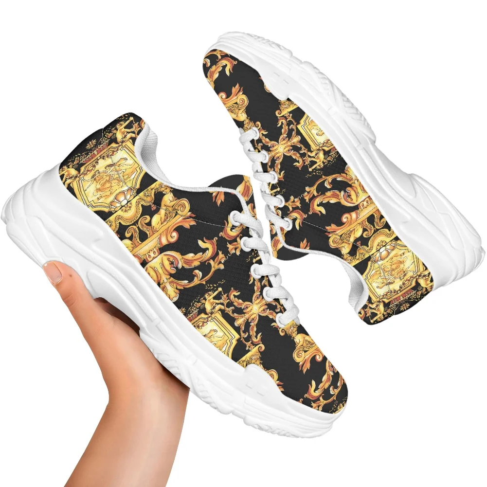 Retro European Floral Pattern Women's Sneakers Increasing Shoes Thick Platform Golden Baroque Casual Footwear