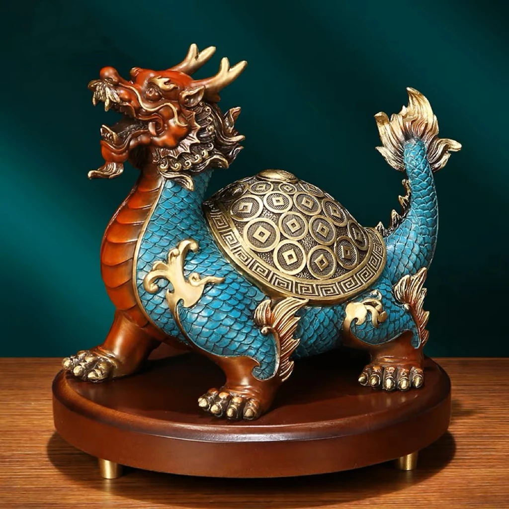 Good Omens Home Company Royal Copper Fortune Dragon Turtle Statue Good Luck Fiorente Business Money Success Feng Shui 50% Di Sconto