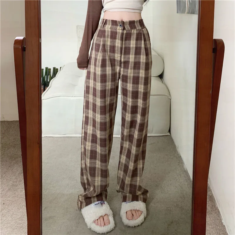 

Lucyever Korean High Waist Wide Leg Trousers Women Harajuku Baggy Casual Plaid Pants Female Vintage Wild Streetwear Check Pants