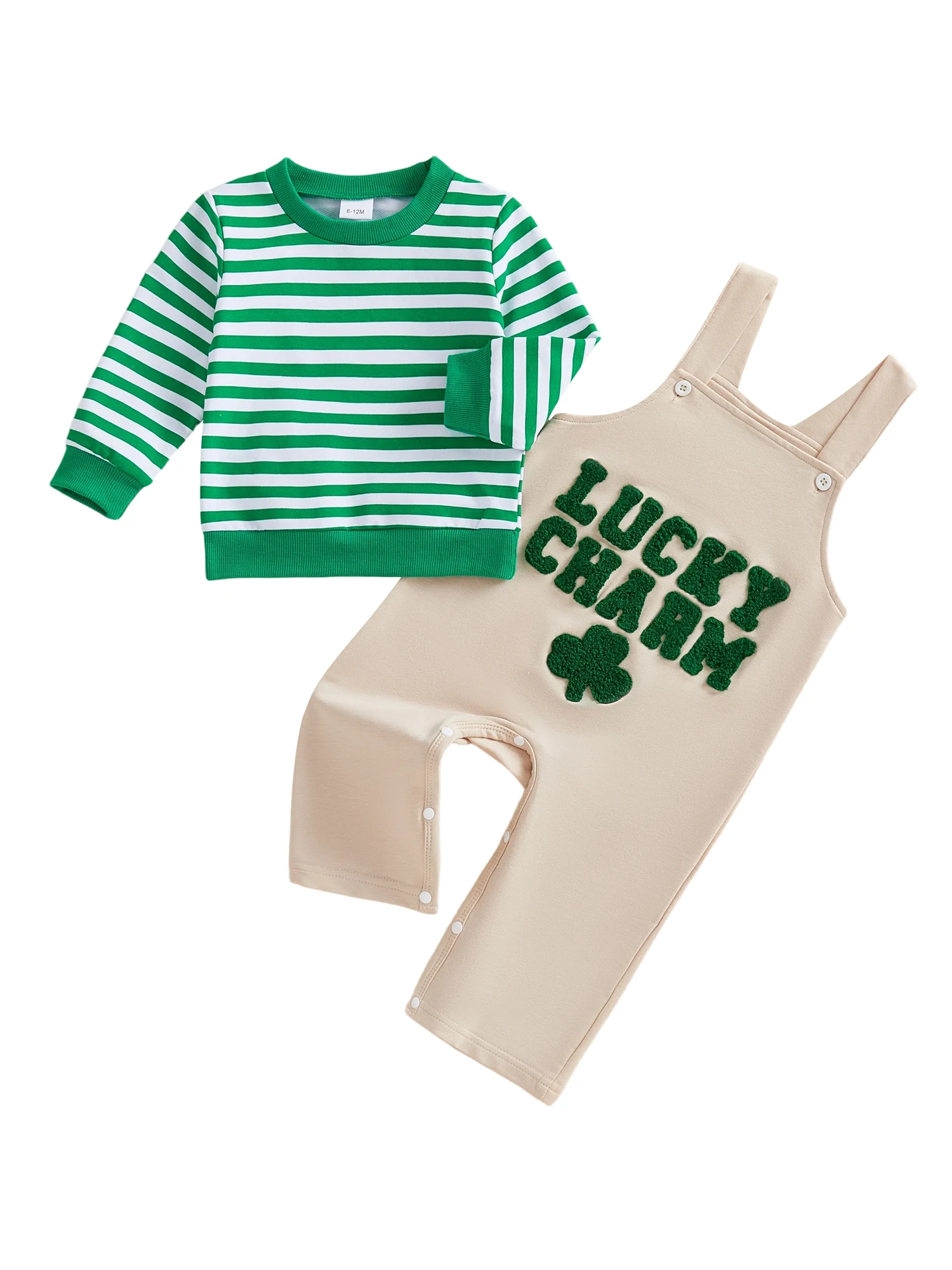Infant Boys 2-Piece Spring Clothing Set with Long Sleeve Shirt and Lucky Clover Embroidered Overalls - Toddler Fashion Ensemble