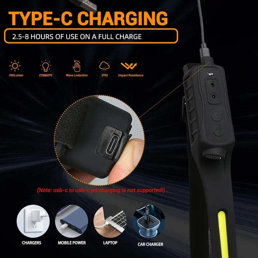 LED COB 센서 헤드램프 내장 배터리 타입 C 충전식 5가지 모드 방수 헤드 토치 야외 캠핑 낚시 헤드라이트