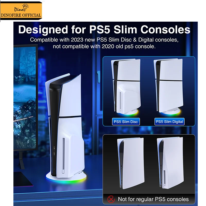Dinofire X1000 Per Ps5 Slim Stand Rgb Light Dock Station Per Ps5 Slim Optical Drive/Supporto Verticale Base Versione Digitale