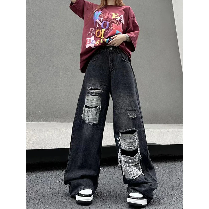 MEXZT Y2K Ripped Jeans Women Vintage Oversized Black Wide