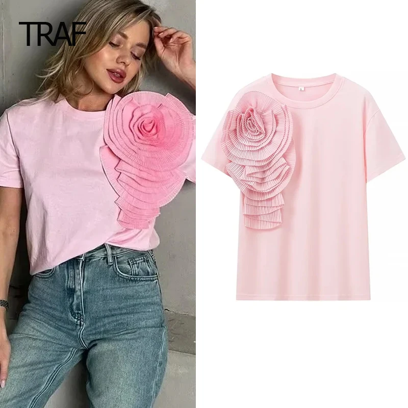 

Блузка женская с круглым вырезом, коротким рукавом и цветочным принтом