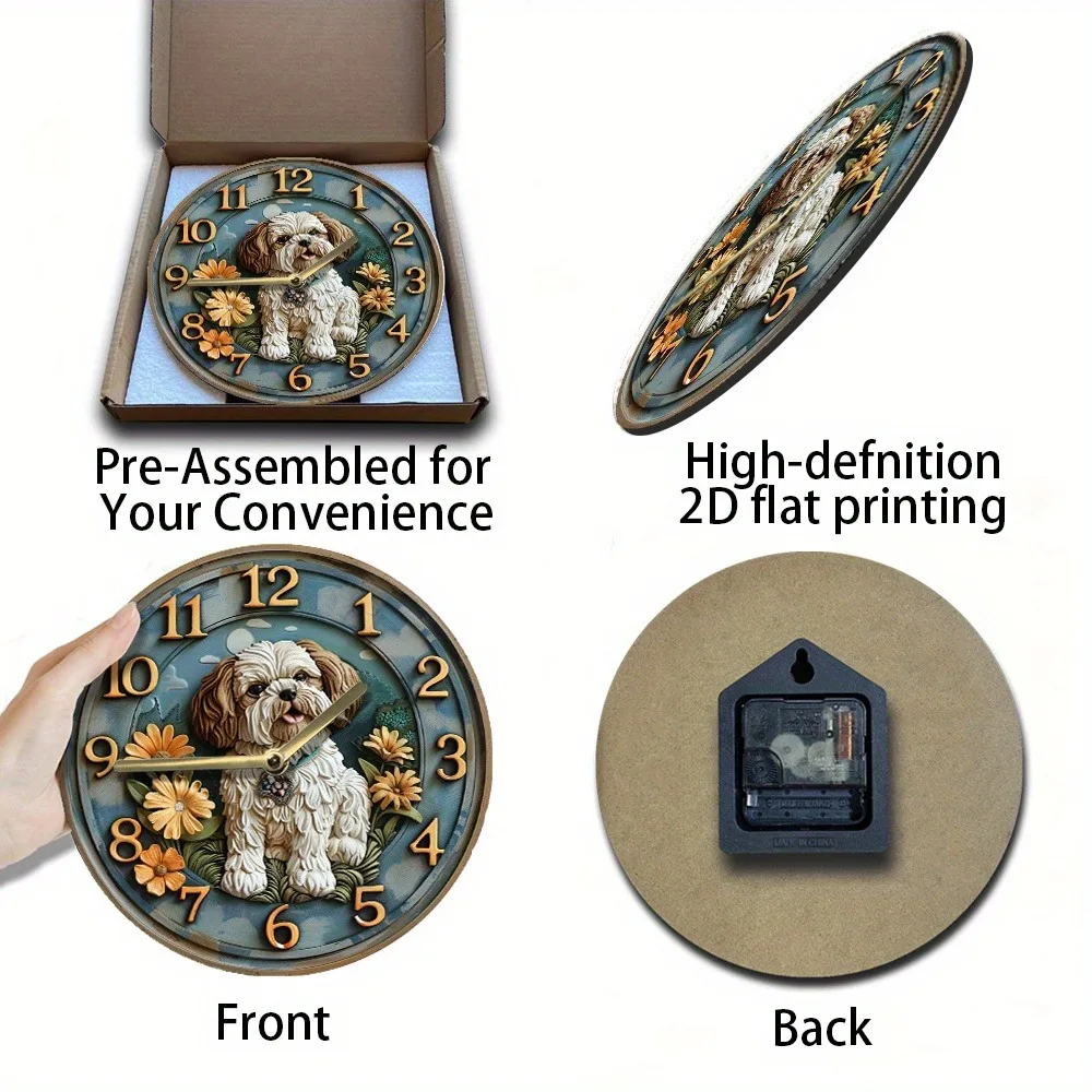 Wooden wall clock with cute Shih Tzu and flower design, perfect for home decor. Runs on AA batteries 4
