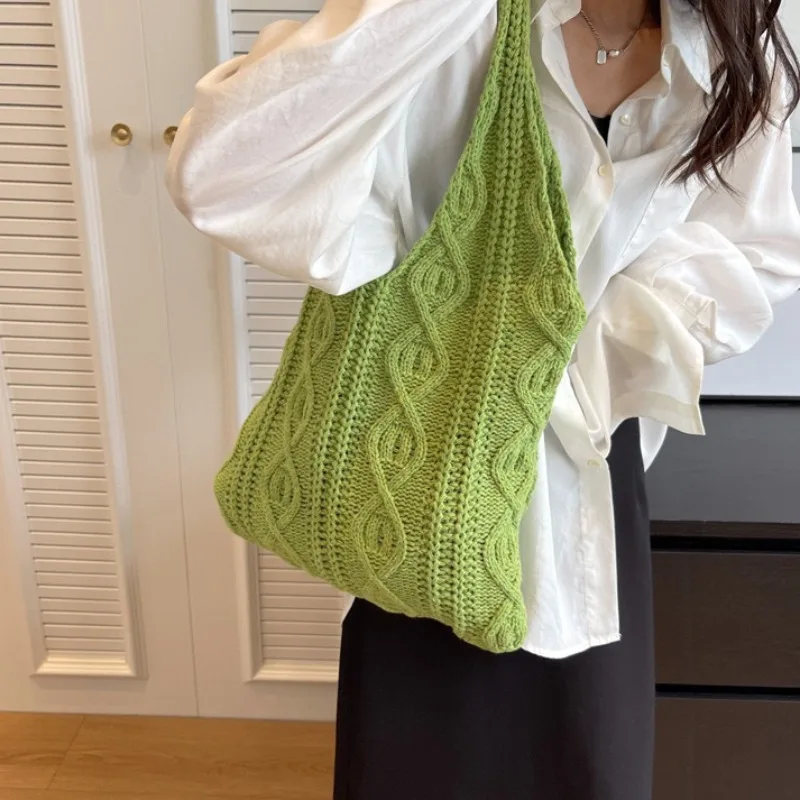 Women's Wool Knitted Handbags Vintage Cotton Shopping Bags Women's Large Handbags CroChet Shoulder bag 2024 new