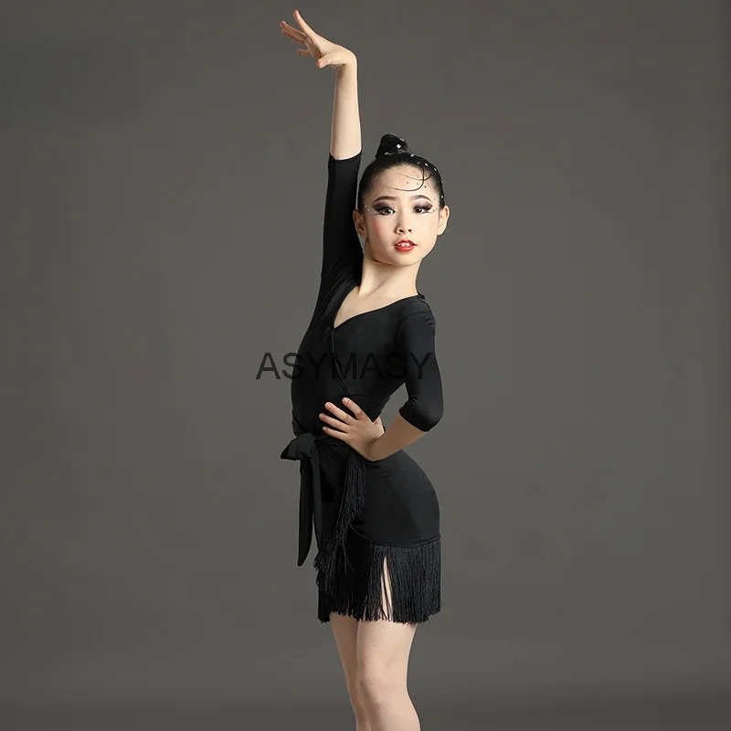 중반 짧은 소매 레이스 메쉬 Mordern 볼룸 댄스 드레스 어린이를위한 섹시한 살사 탱고 스커트 어린이 라틴 댄스 복장 소녀를위한