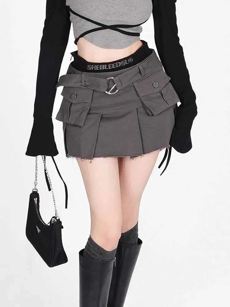 

Denim Cargo Skirt Women Zoki Harajuku Y2K Sexy High Waist Mini Belt Skirt Streetwear Slim All Match Female Vintage Grey Skirts