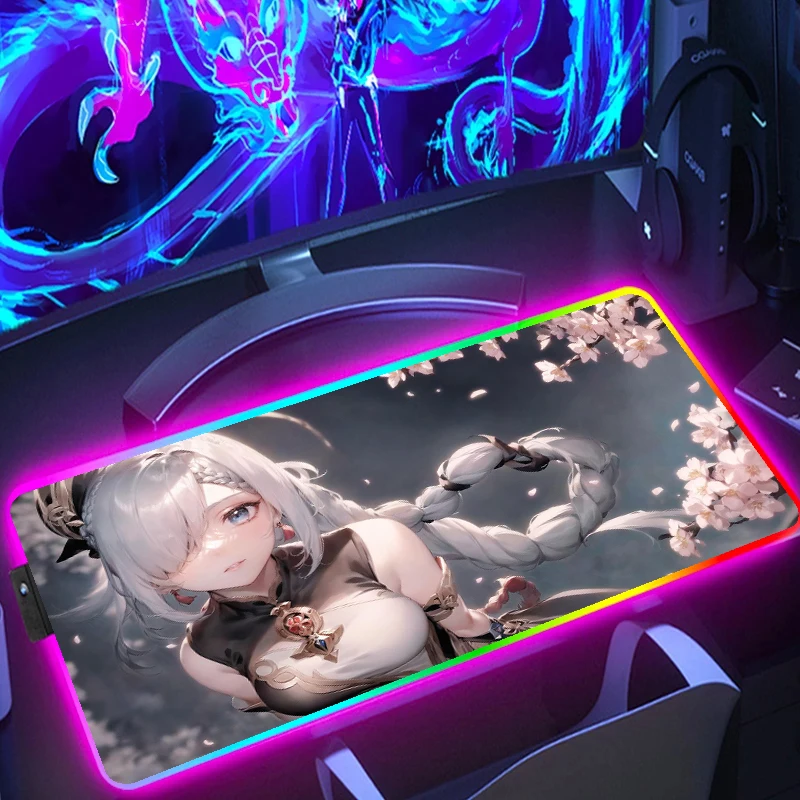 

Genshin lmpact Shenhe God Shen Crane RGB mouse pad player desktop protection pad game mouse mat Pc seven-color light effect
