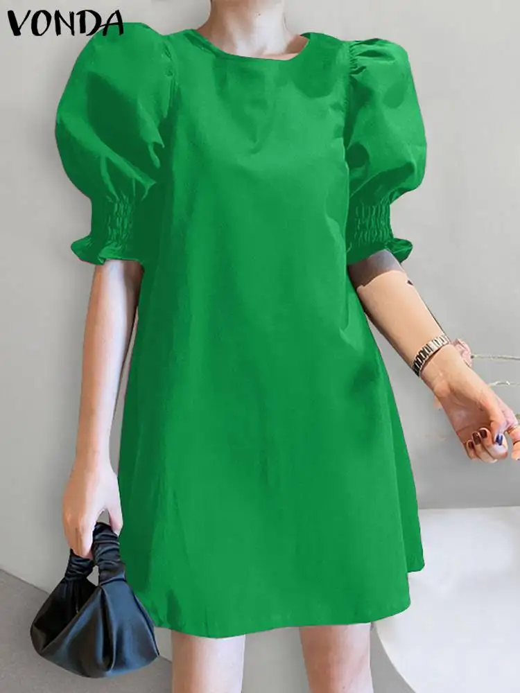 

2024 VONDA Summer Women Mini Dress Elegant Short Puff Sleeve Solid Color Sundress Fashion Female Casual Loose Beach Vestidos