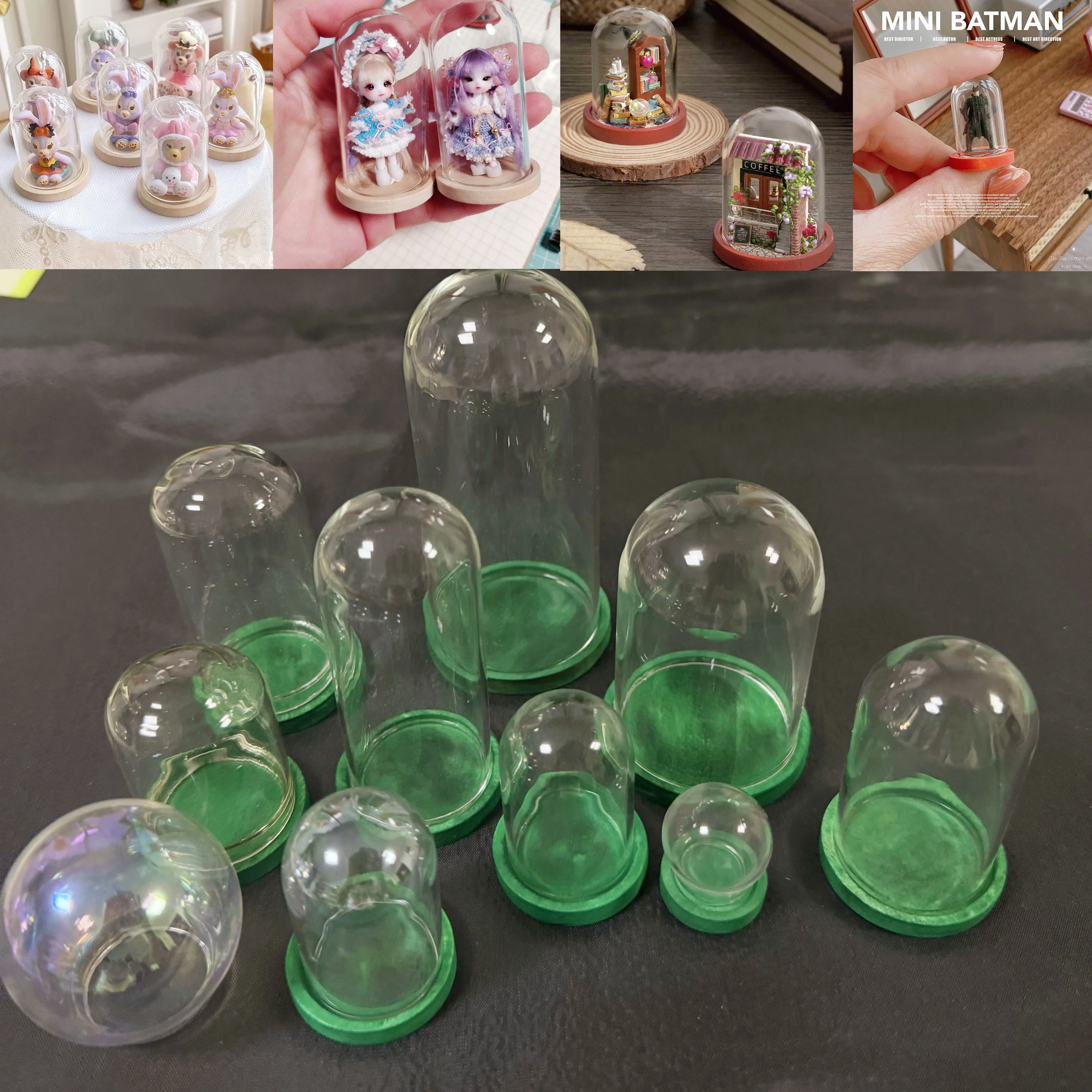 30X Mini Glass Cloche Dome Container With Green Base Terrarium DIY Glass Display Domes For Decor Tabletop Garden Wedding Office 6