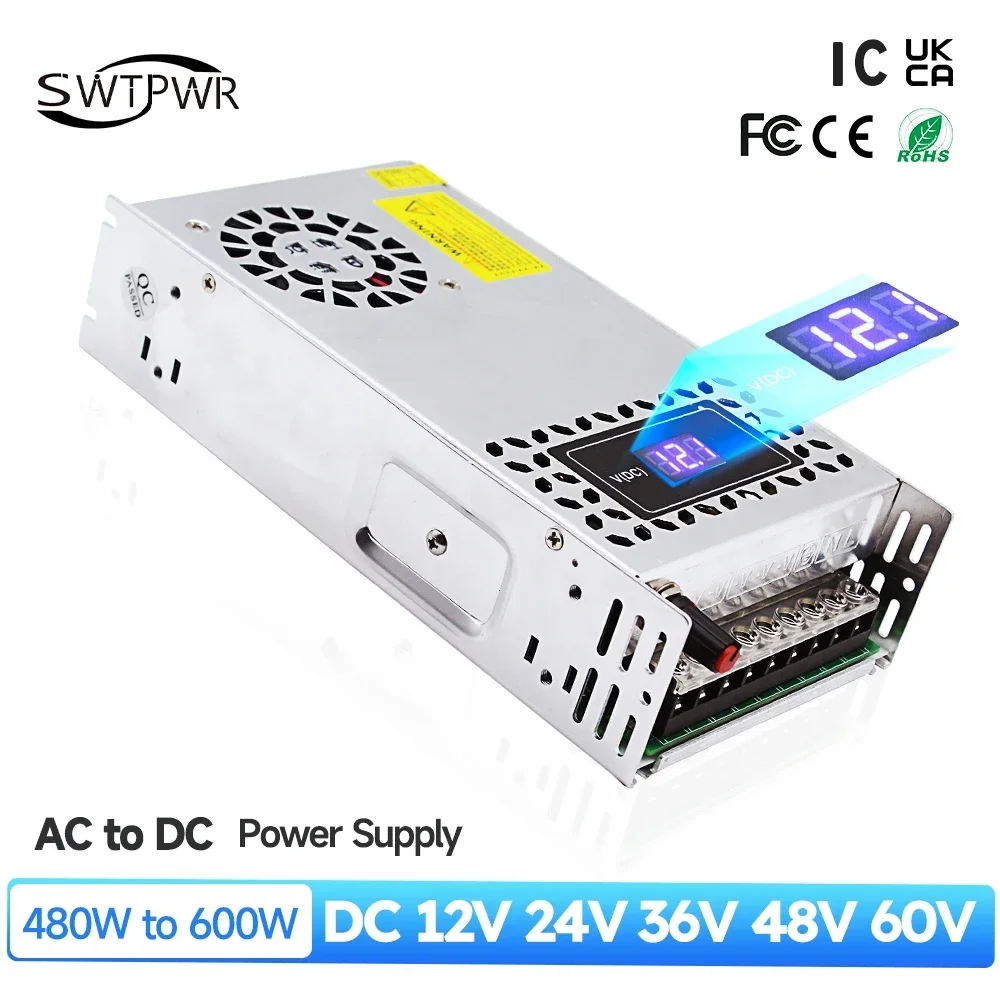 Adjustable 0-72V switching power supply 480W 600W 110V/220V voltage converter for LED strip light, CCTV, Electronic Devices