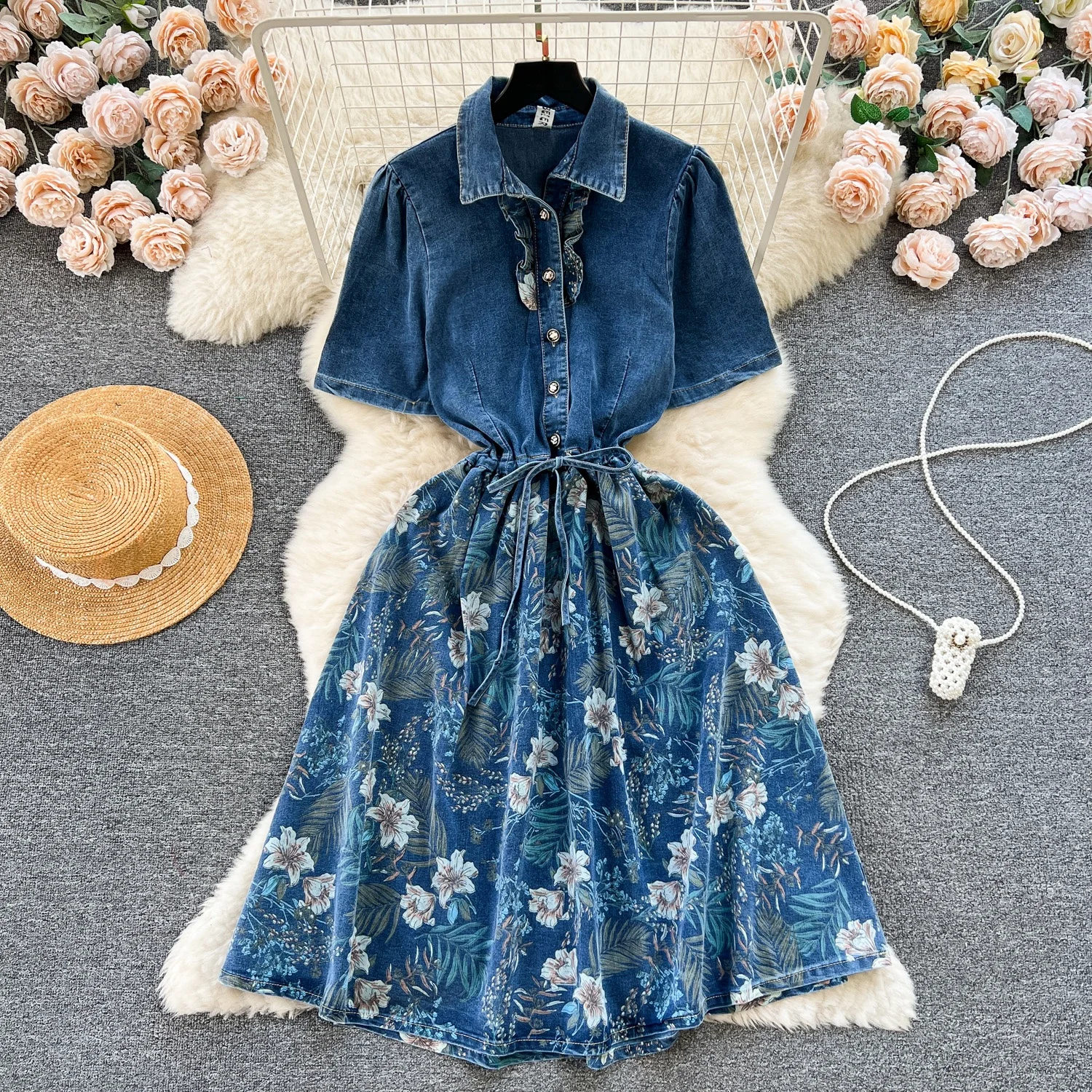

Clothland Women Vintage Floral Denim Dress Ruffles Sashes Short Sleeve A LIne One Piece Midi Dresses Vestido QD450