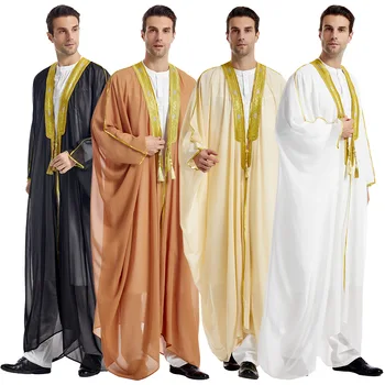 Abito Lungo da Uomo in Chiffon, Tunica Islamica, Capospalla Ricamato Marocchino e Arabo, Abbigliamento Etnico Mediorientale