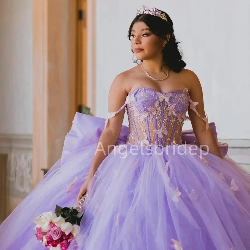 Angelsbridep Big Bow Lilac Ball Gown Quinceanera Dresses Butterfly Spaghetti Straps Vestidos De 15 A&ntilde;os Quincea&ntilde;eras