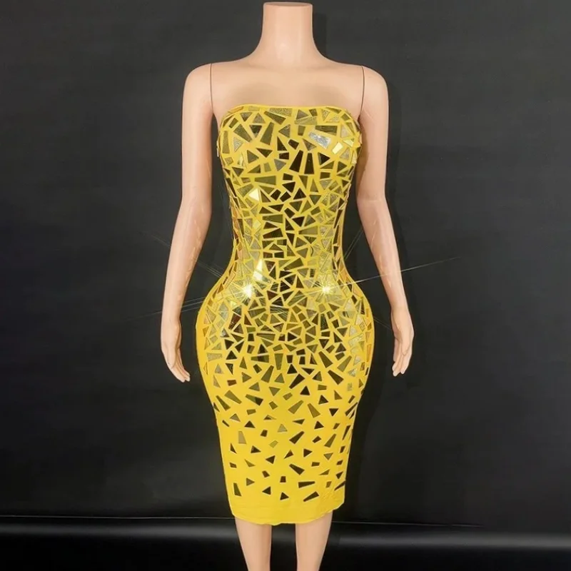

Sparkly Mirror Surface Strapless Women Celebrate Birthday Evening Party Dress Sexy Off-The-Shoulder Backless Sheath Dress