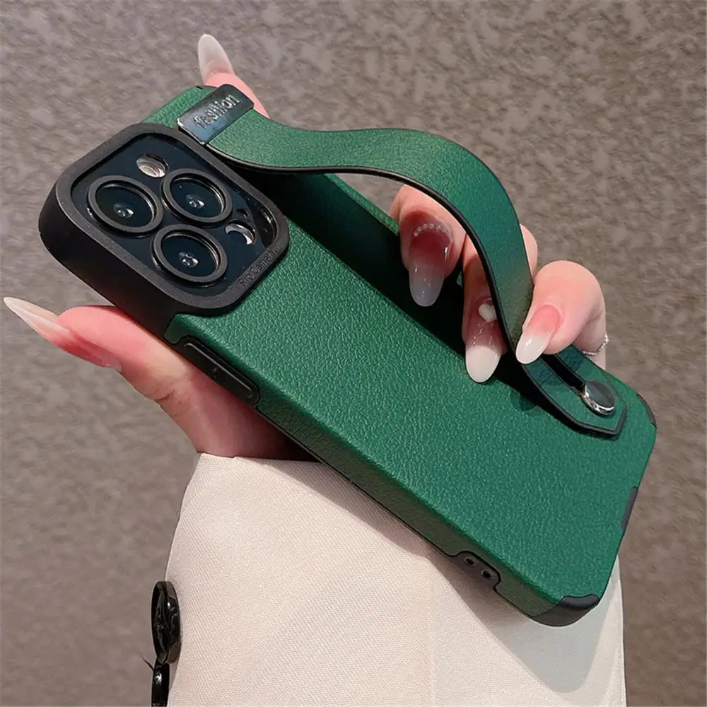 Luxury Leather Wrist Strap Holder Stand Phone Bracket Cover For iPhone 15 14 Pro Max 11 12 13 Pro Max Shockproof Silicone Case