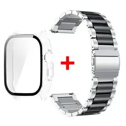 Tempered Glass Protective Shell with Stainless Steel Metal Band Bracelet for Realme Watch 5 (Clean - Silver Black)