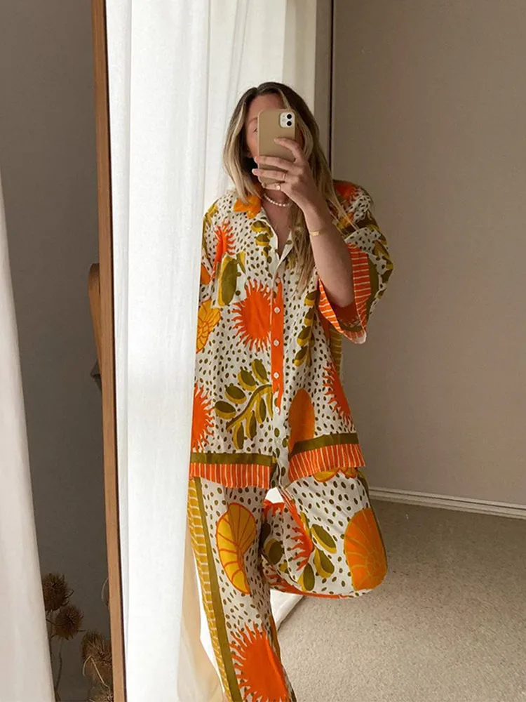 

Yellow Dot Print Straight Pant Suit For Women Lapel Single Breasted Blouse 2 Piece Sets Spring Summer Vacation Oversize Outfit