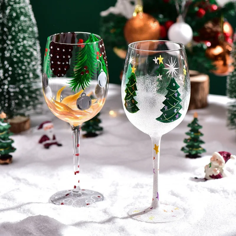 Hand-Painted Christmas Tree Snowman Glass Cup Christmas Theme Home Cup Glass Cup