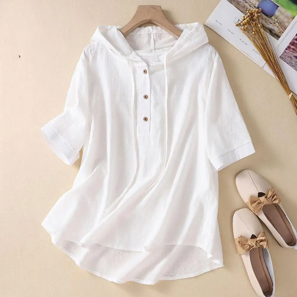 Women T-shirt Elegant Casual Top Hooded Buttons Half Placket Short Sleeve Pullover Tops Drawstring Thin Loose Fit Blouse