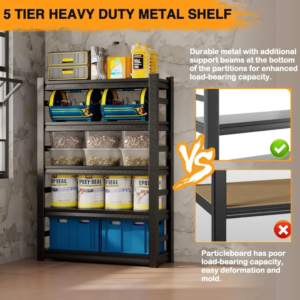 5 Tier Garage Shelving, Storage Shelves Heavy Duty Shelving, Adjustable Metal Shelf Rack and Shelf Units 5