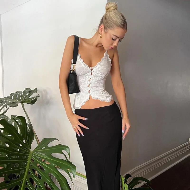 Lace Casual Female Camisole Y2k Top V-Neck High Waist Streetwear White Backless Patchwork See-Through Women Tank Top Vest