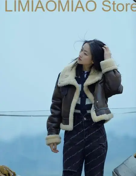 New Autumn Winter Faux Lamb Fur Short Jacket Vintage Female Moto Biker Zipper Thick Warm Coat Fleece Outwear