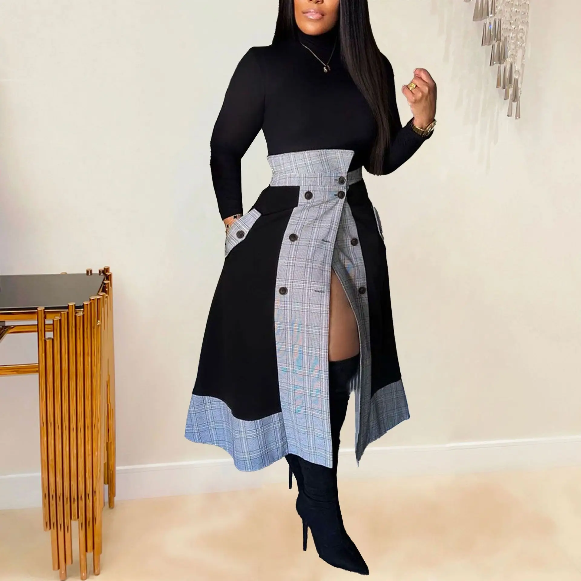 Elegant Women 2 Piece Set Long Sleeve Mock Neck T Shirt High Waist Button Up Plaid Skirts 2023 Fall Winter Office Lady Outfits mens zaful men s casual daily mock neck raglan sleeve solid color quarter zip pullover popover quilted padded jacket l green