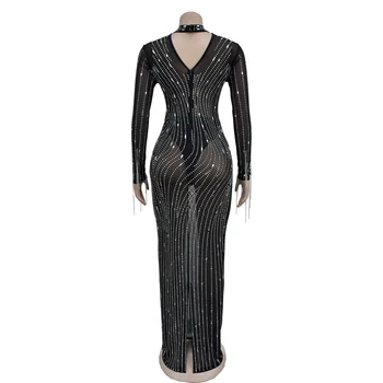 CM.YAYA 2024 Women Long Sleeve Mesh See Through Diamonds Hot Rhinestones Bodycon Dress Woman Maxi Long Evening Birthday Dresses 6