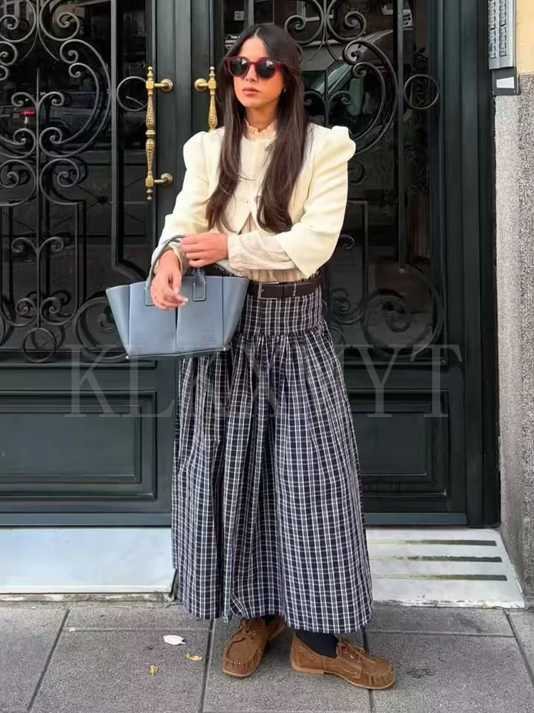 With Belt Long Skirts For Women Fashion 2025 New Vintage Plaid Midi Skirt High Street Casual Pleated Chic Midi Skirts Mujer ﻿