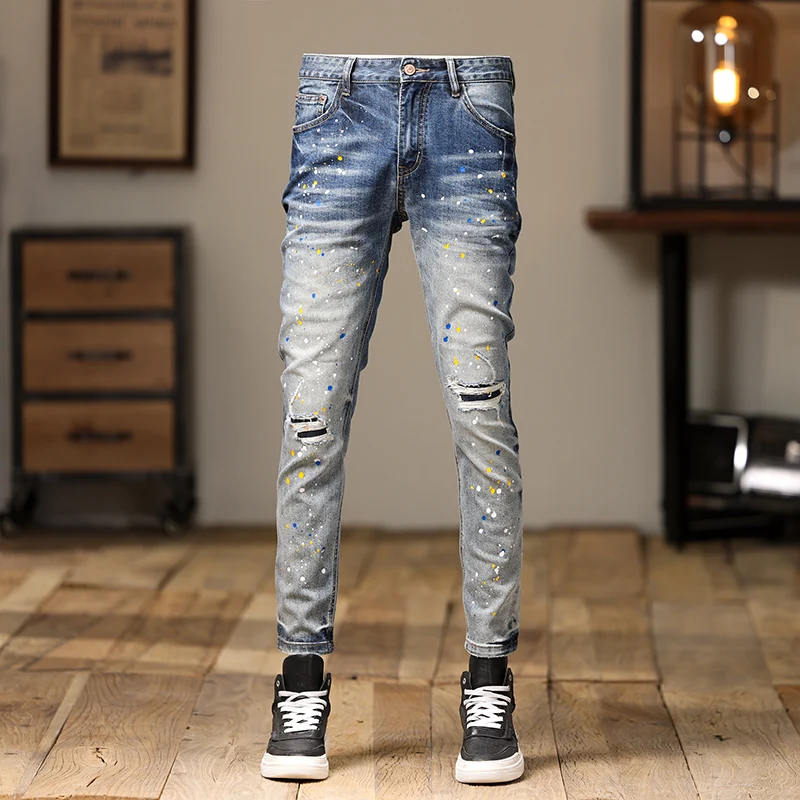 

High Street Fashion Men Jeans Retro Light Blue Stretch Skinny Fit Ripped Jeans Men Painted Designer Patched Hip Hop Denim Pants