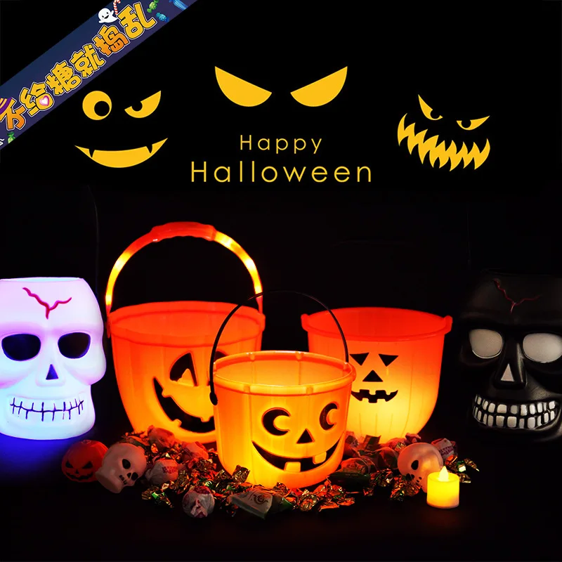 

Halloween Decorative Pumpkin Lantern Glowing Skull Head Square Bucket Without Cover Candy Box Electronic Glowing Bucket