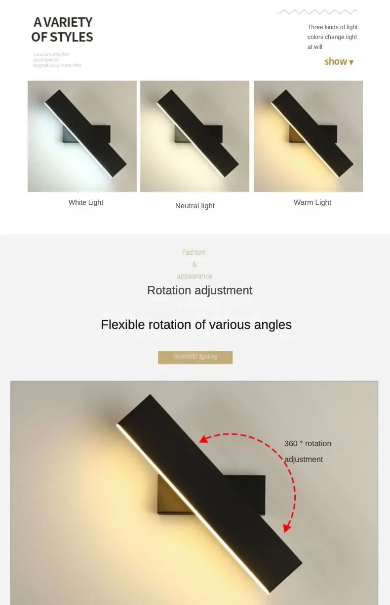 Description Picture 3 of itemLED Wall Lamp Nordic 360° Rotatable Adjustable Wall Lights Creative Bedroom Bedside Reading Lamps Indoor Home Decor Sconces