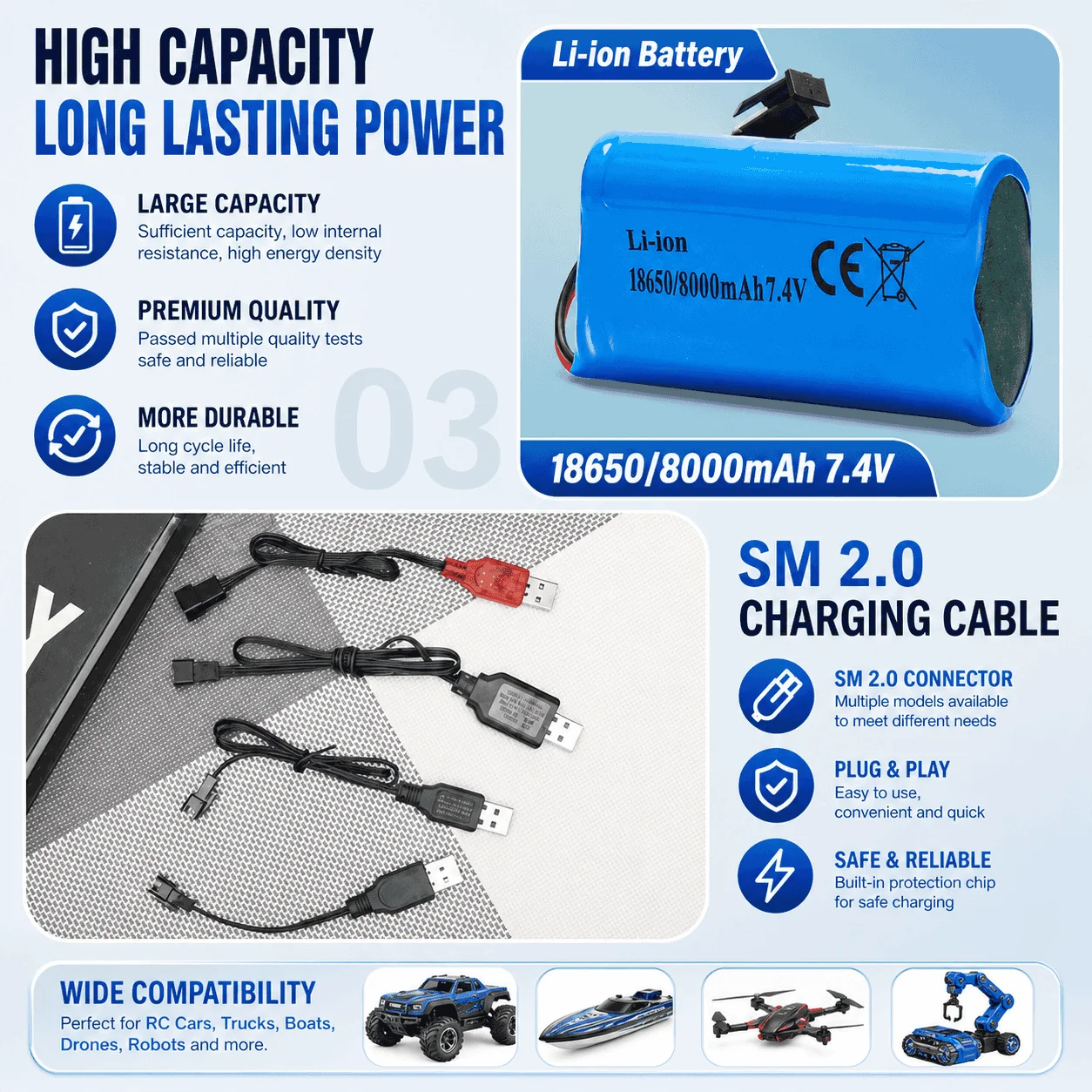 Câble de charge pour batterie RC Li-ion 3.7V 7.4V avec fils dénudés et connecteurs SM de différentes tailles.