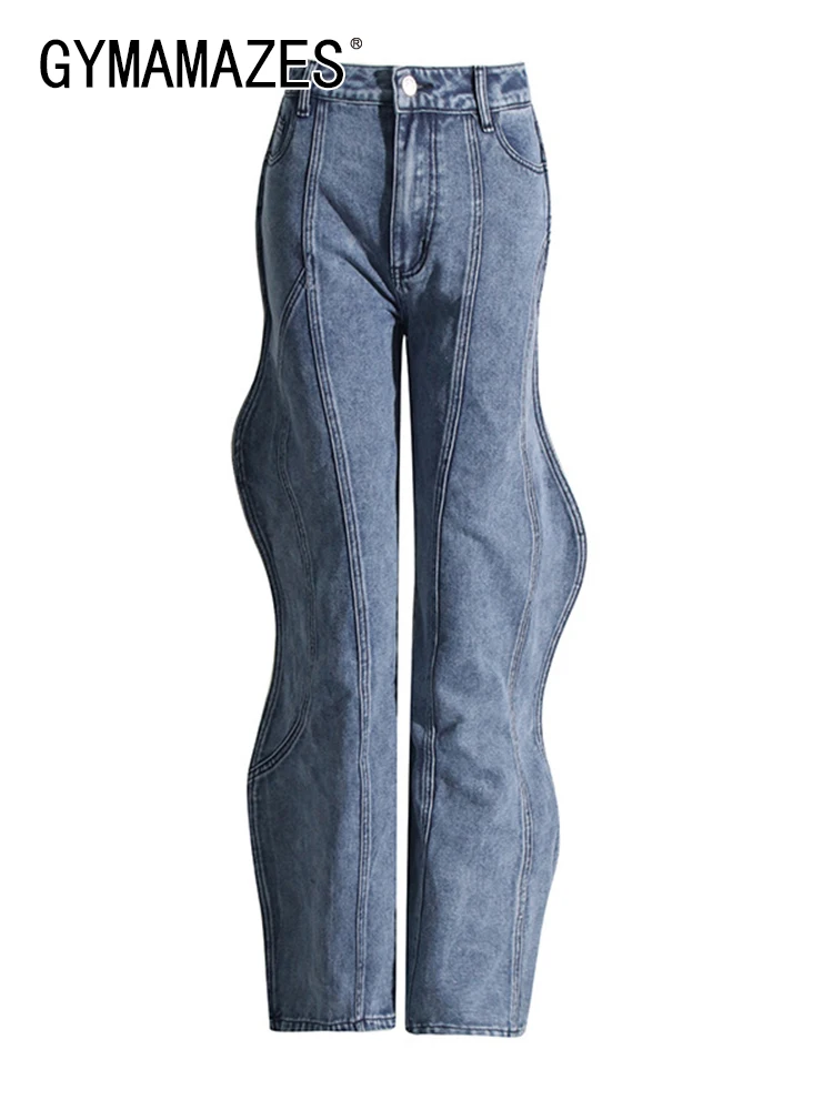 

GYMAMAZES Irregular Spliced Zipper Jeans For Women High Waist Patchwork Pockets Vintage Minimalist Jean Female Fashion Clothing
