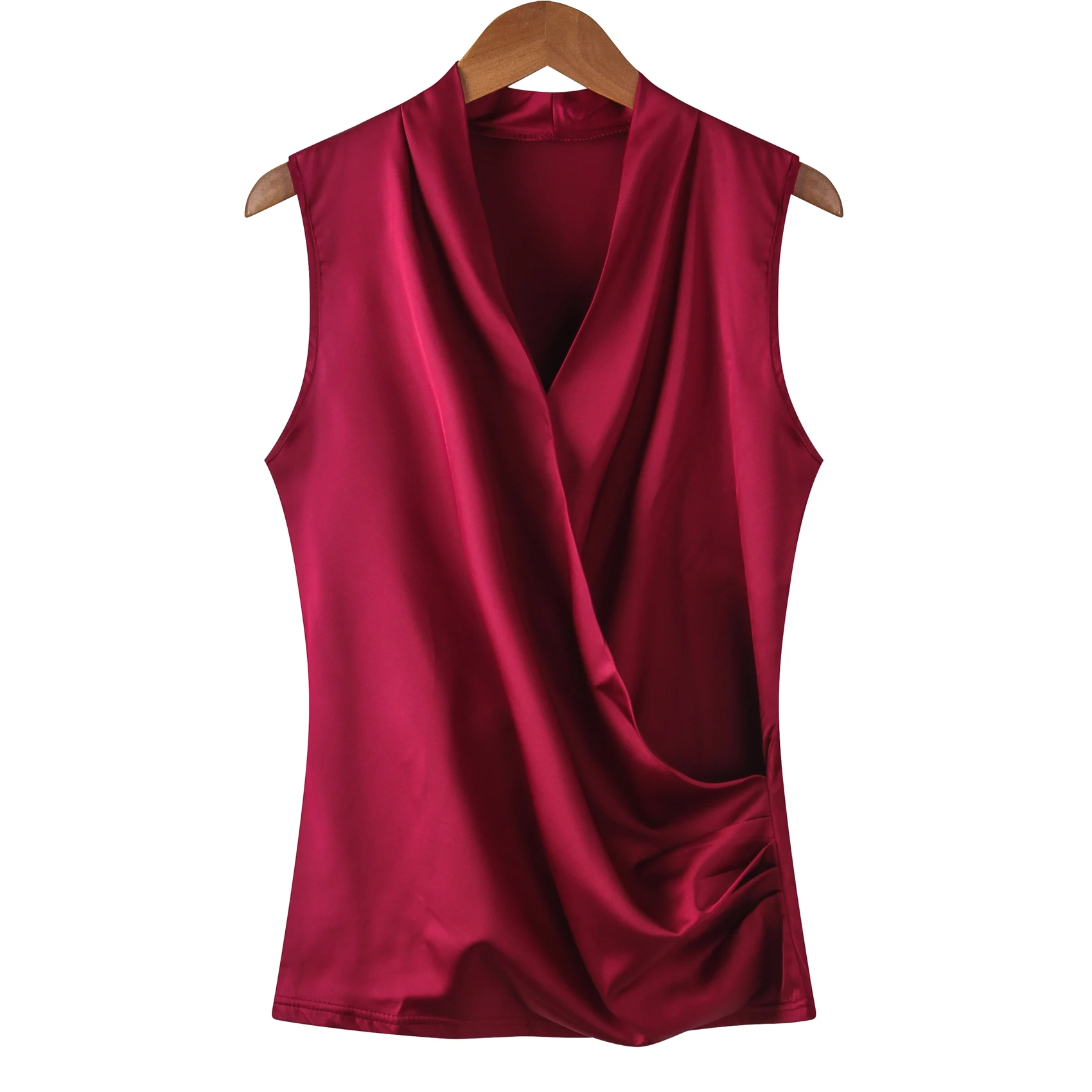 New Smooth Satin Female Sleeveless Blouse V-neck Top Slim Fit Outside Shirts