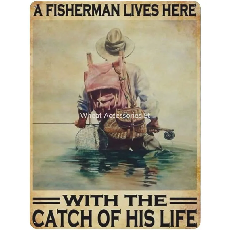 

Vintage Metal Tin Signs Picture A Fisherman Lives here with The Catch of his Life Wall Decor Retro Art Tin Sign Funny Decor