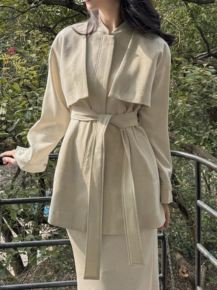 

[LANMREM] Fashion 2 Piece For Women Round Neck Belt Gathered Waist Vest Long Sleeve Short Coats Khaki 2024 Autumn New 26D9386