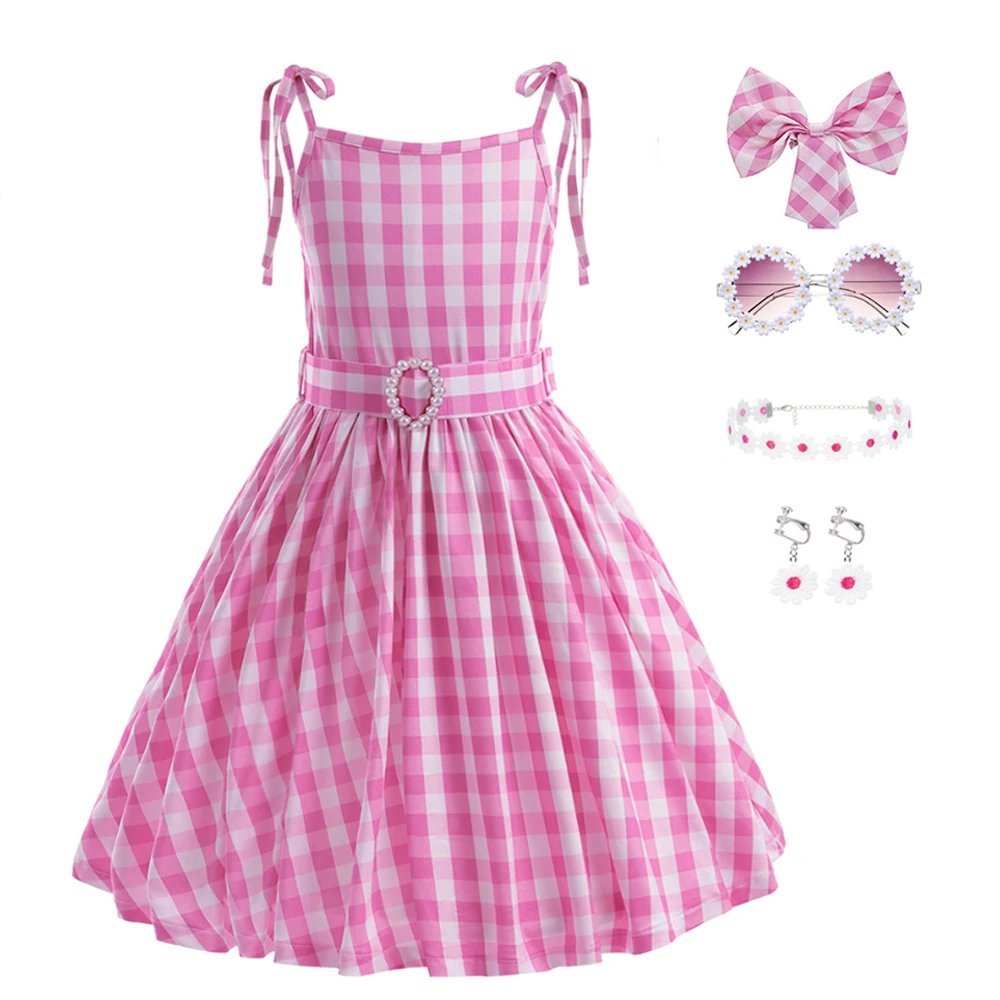 Toddler Children Girls Princess Dress Pink Plaid Strap Dress Senza Maniche Cosplay Barbi Costume Swing Party Carnival Kids Vestidos